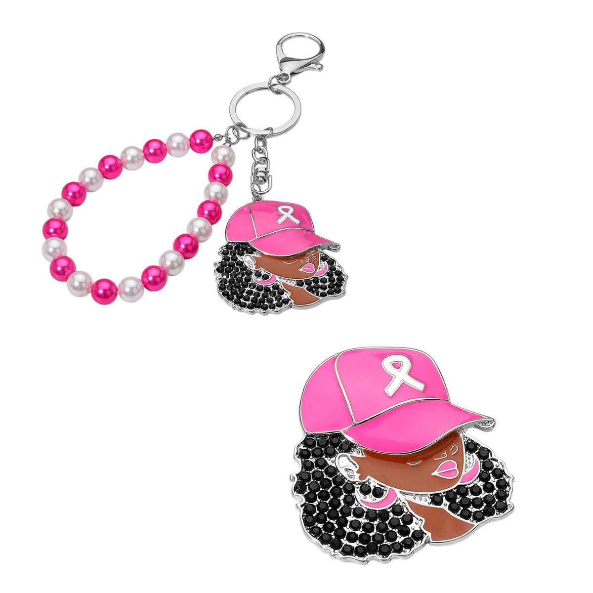 Pink Ribbon Ball Cap Keychain & Brooch Set