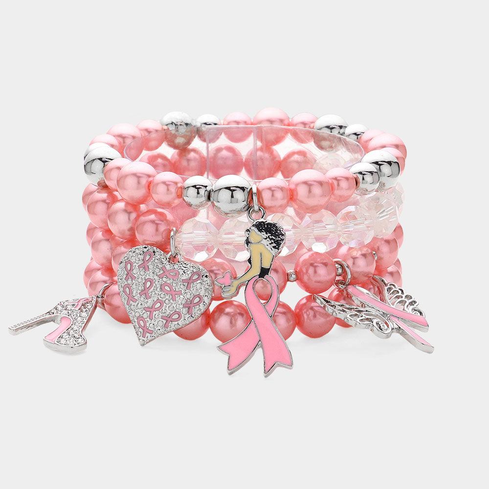 Pink Ribbon Heart Stiletto Bracelet Set