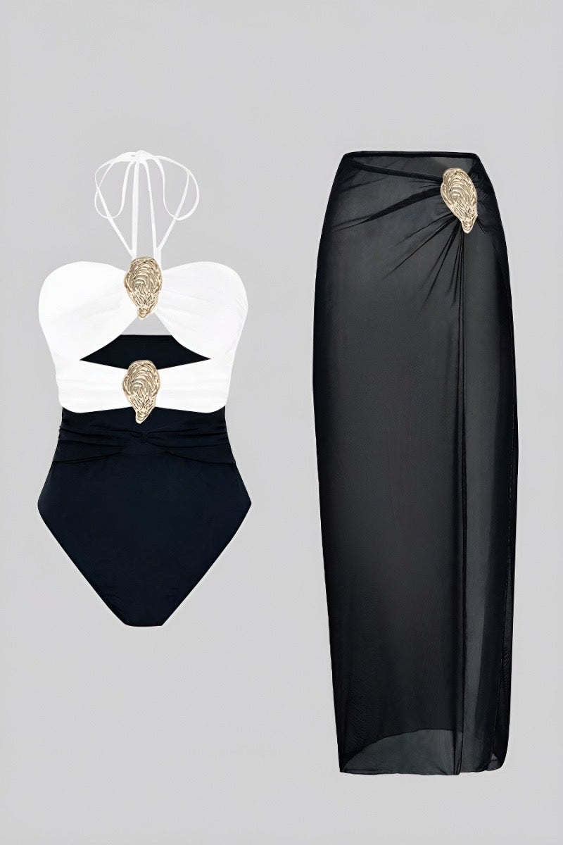 Miami Nights Color-block One piece swimsuit + Mesh Skirt Set