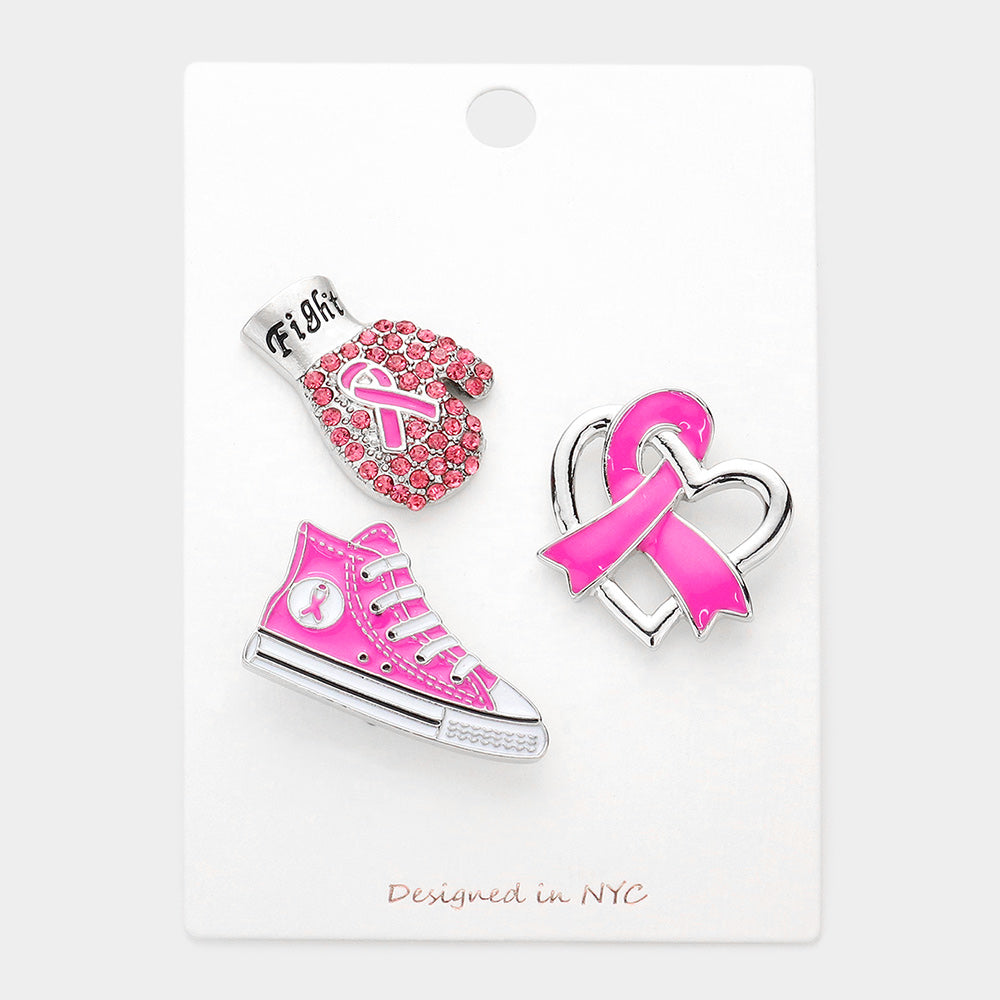 Pink Ribbon  Boxing Glove 3Pc Brooch Set