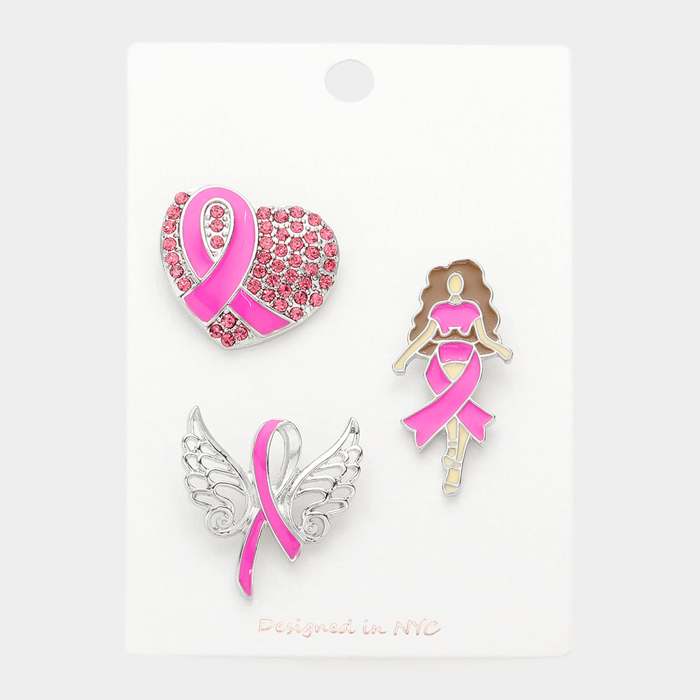 Pink Ribbon Heart 3Pc Brooch Pin Set