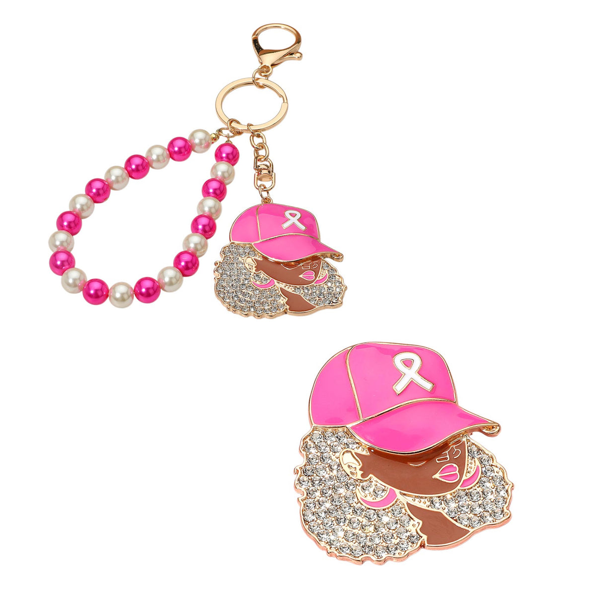 Pink Ribbon Ball Cap Keychain & Brooch Set
