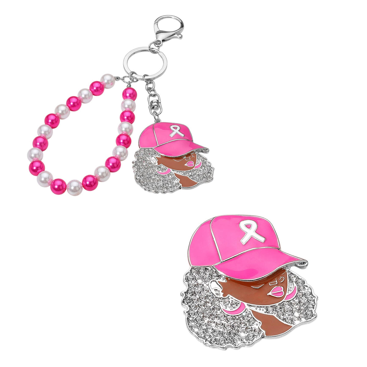Pink Ribbon Ball Cap Keychain & Brooch Set