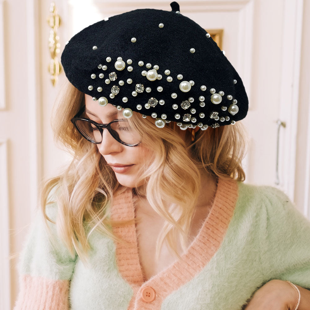 Rhinestone & Pearl Beret Hat