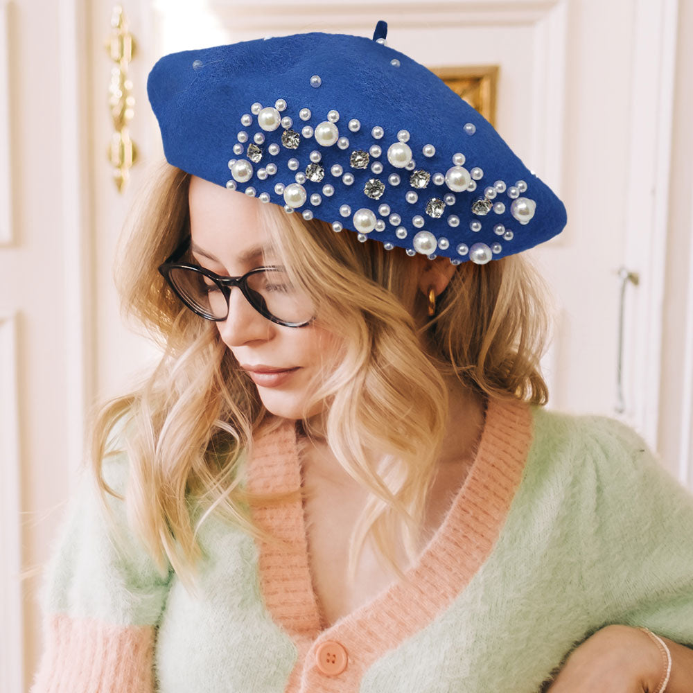 Rhinestone & Pearl Beret Hat
