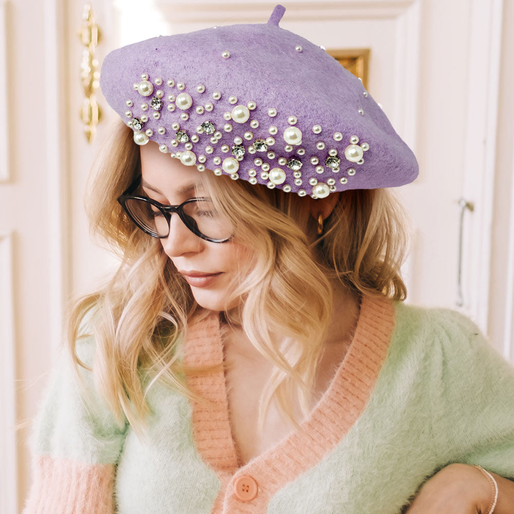 Rhinestone & Pearl Beret Hat