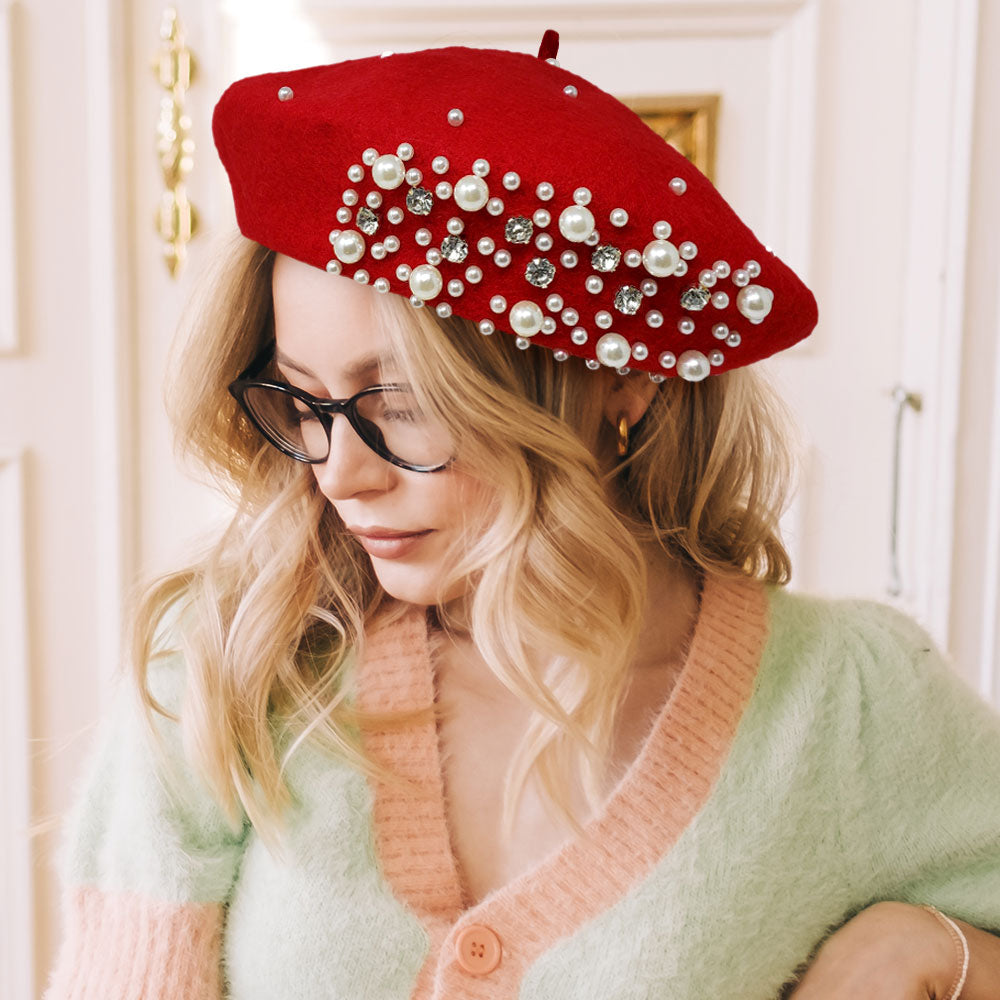 Rhinestone & Pearl Beret Hat