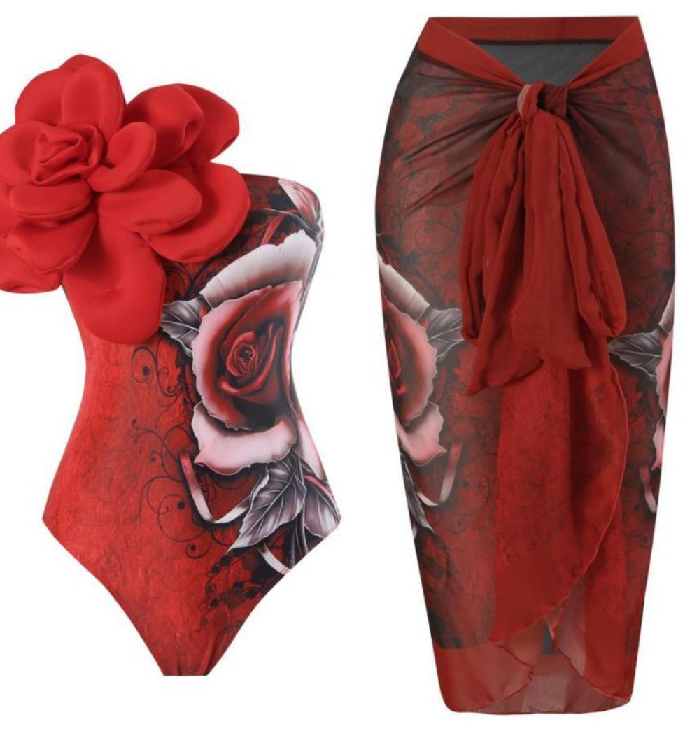 3D Flower Red Flower One Piece Swimwear Set