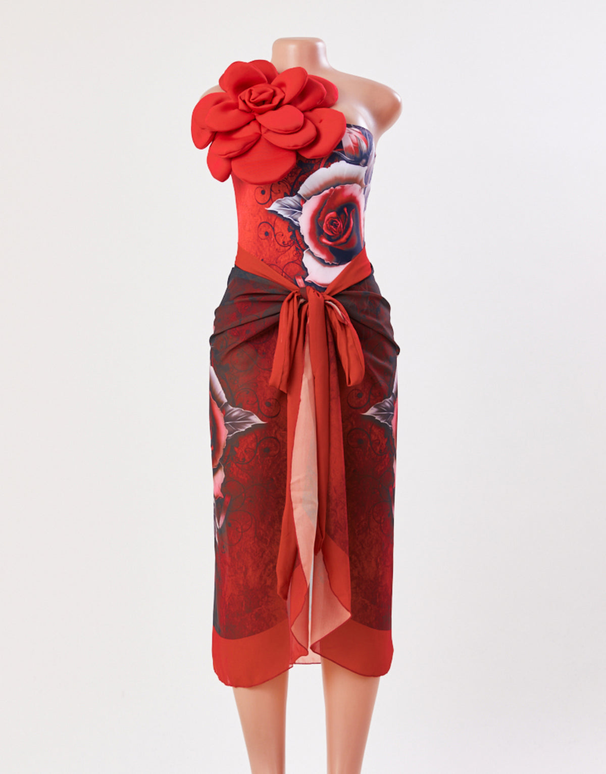 3D Flower Red Flower One Piece Swimwear Set