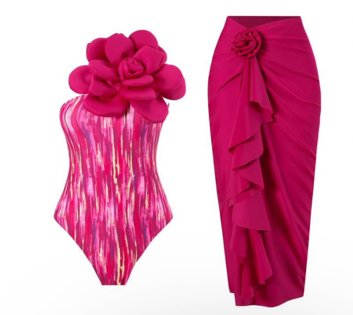 3D Flower One Piece Swimsuit + Sarong Set