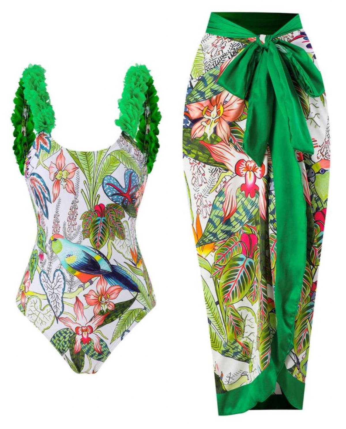 Parrot In Paradise One Piece Swimsuit + Sarong Set