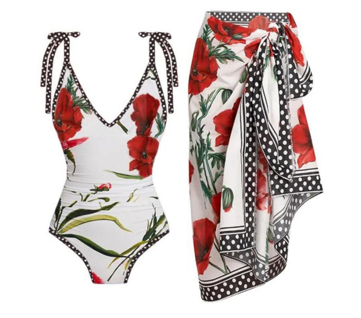 Polkadot Flowers Swimsuit + Sarong Set