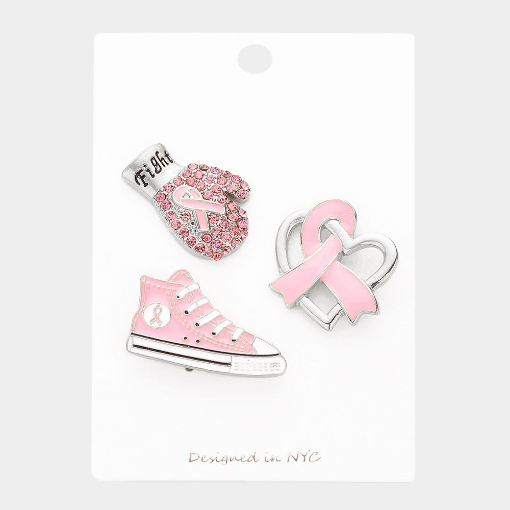 Pink Ribbon  Boxing Glove 3Pc Brooch Set