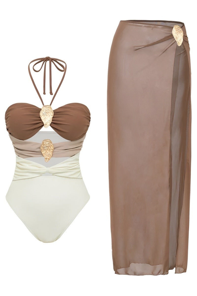 Miami Nights Color-block One piece swimsuit + Mesh Skirt Set