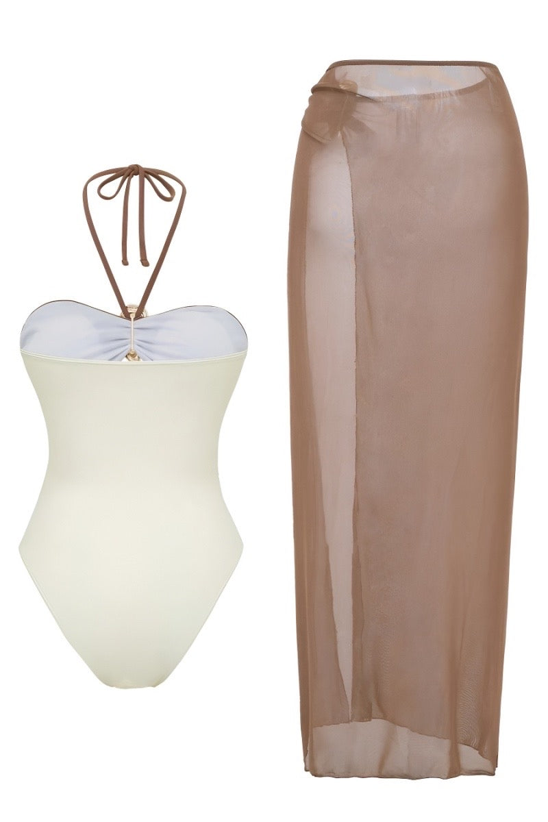 Miami Nights Color-block One piece swimsuit + Mesh Skirt Set