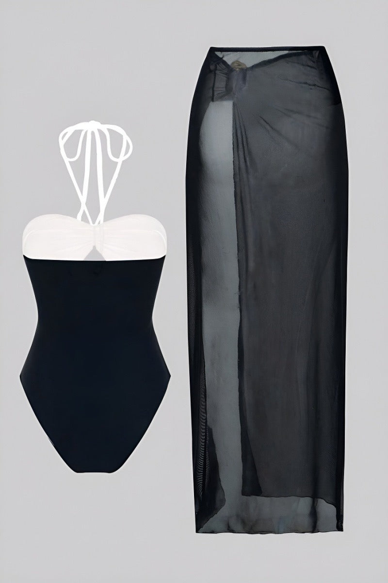 Miami Nights Color-block One piece swimsuit + Mesh Skirt Set