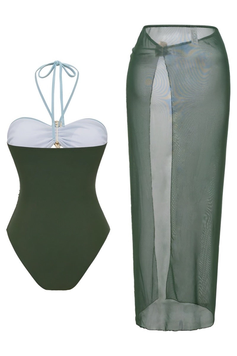 Miami Nights Color-block One piece swimsuit + Mesh Skirt Set