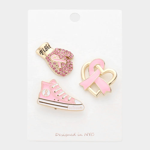 Pink Ribbon  Boxing Glove 3Pc Brooch Set