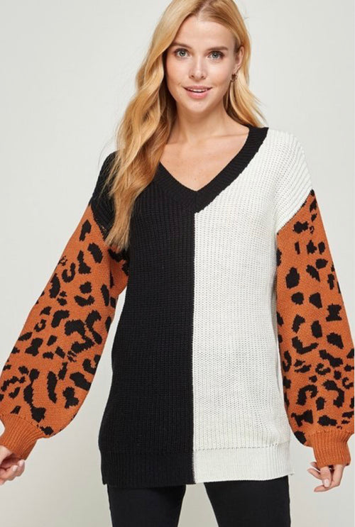Leopard Print Color Block sweater
