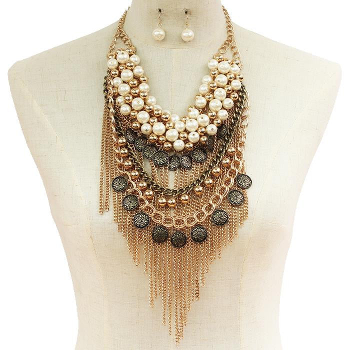 Pearl Chain Link Necklace & Earring Set