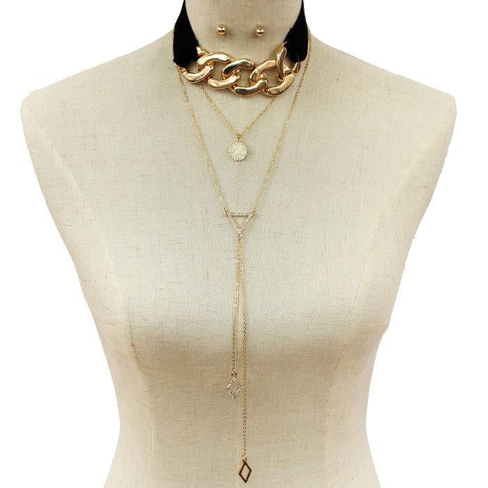 Metal Link Drop Choker Necklace & Earring Set