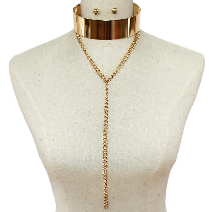 Metal Bar Chain link Choker Necklace & Earring Set
