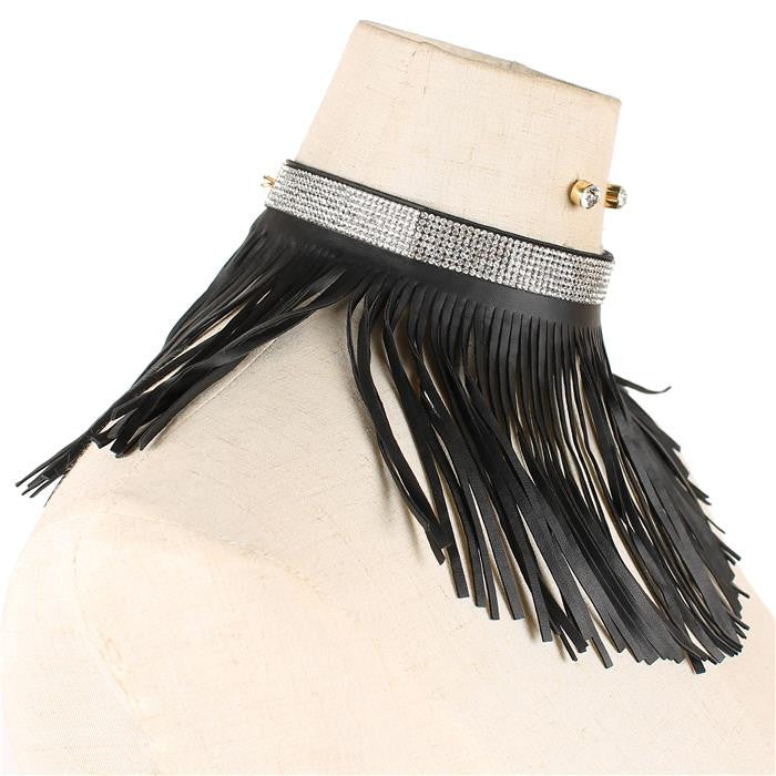 Leather Fringe Choker Necklace & Earring Set