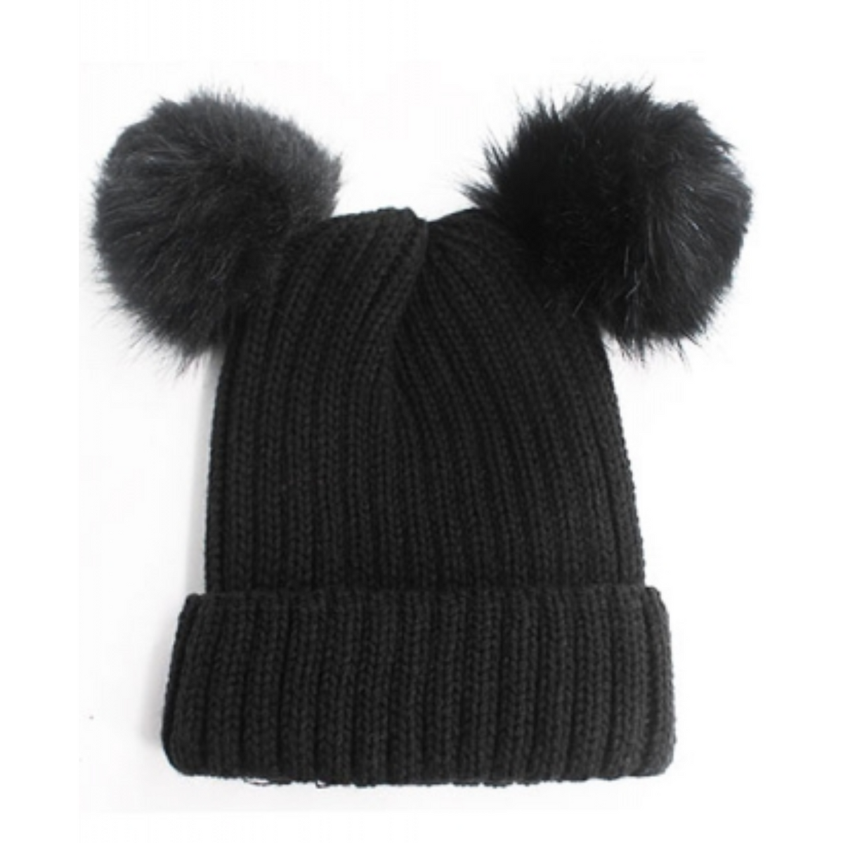Double Fur Pom Pom Beanie Hat