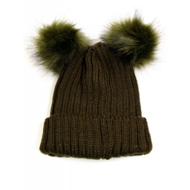 Double Fur Pom Pom Beanie Hat