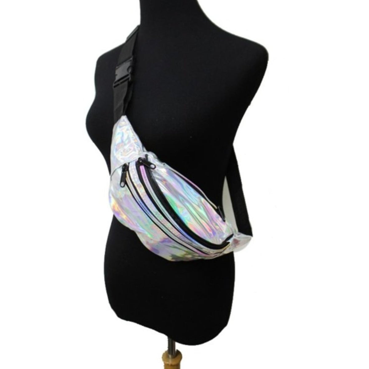 Holographic iridescent triple Zip Fanny pack