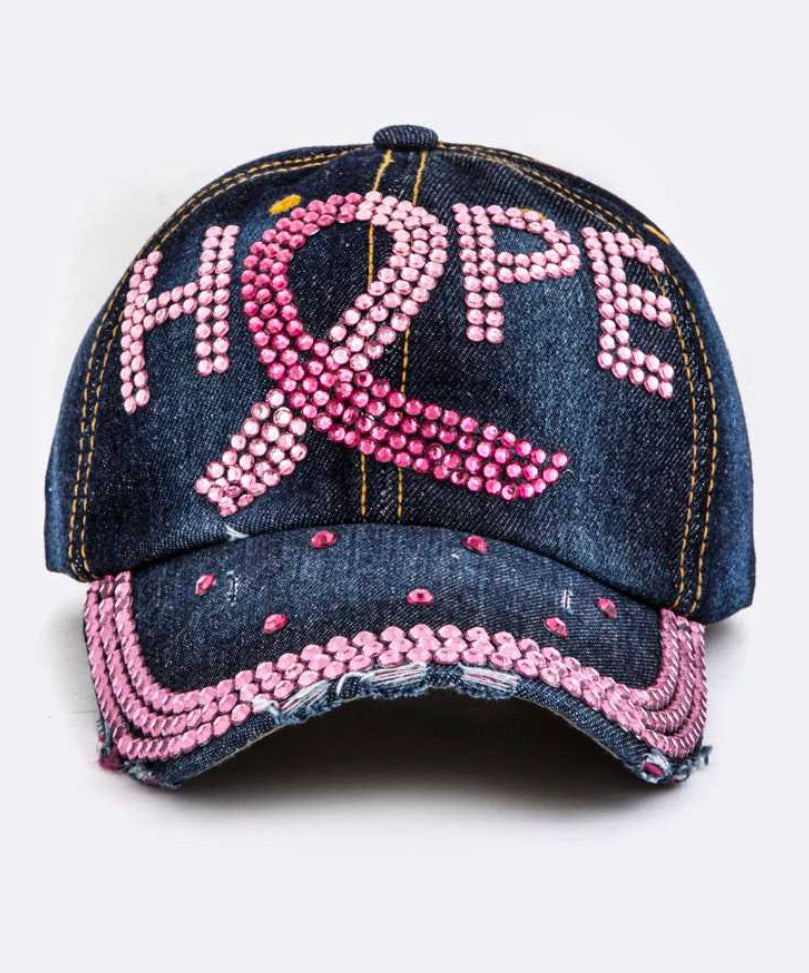 Pink Ribbon Hope Embellished  Denim Hat
