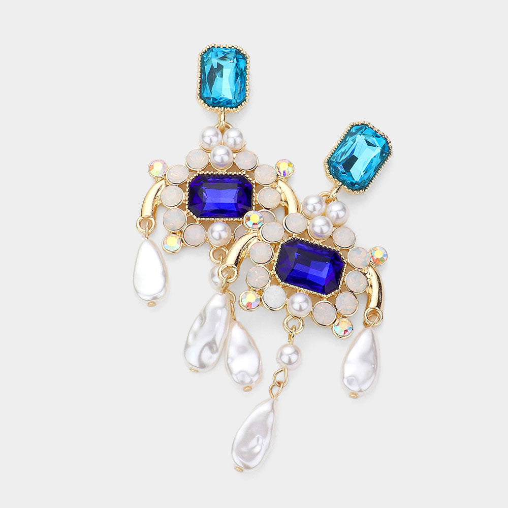 Emerald Cut Pearl Chandelier Earrings