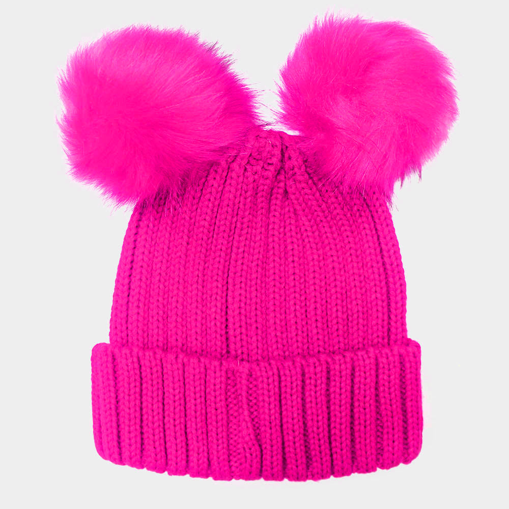 Double Fur Pom Pom Beanie Hat