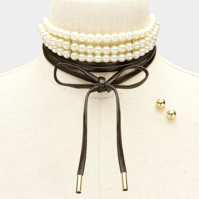 Pearl choker, pearl tie chocker, leather choker, choker , paparazzi ready