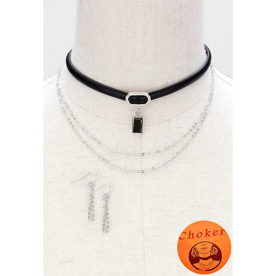 Triple Layer Crystal Drop Choker Necklace & Earring Set