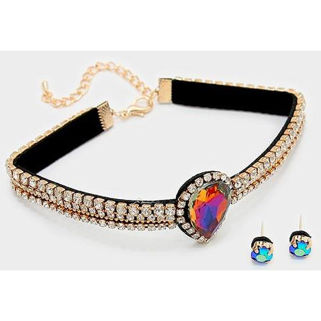 Rhinestone Teardrop Choker Necklace & Earring Set