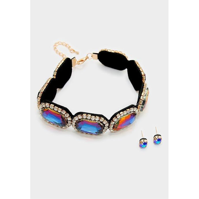 Rhinestone Emerald Cut Choker Necklace & Earring Set