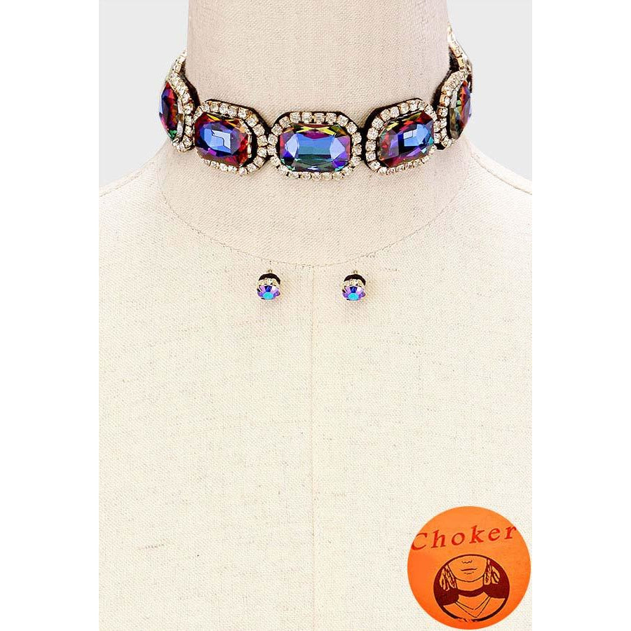 Rhinestone Emerald Cut Choker Necklace & Earring Set