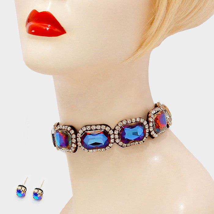 Rhinestone Emerald Cut Choker Necklace & Earring Set
