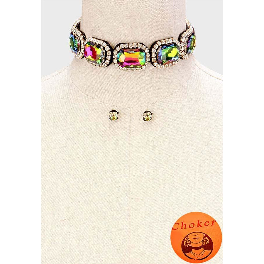 Rhinestone Emerald Cut Choker Necklace & Earring Set