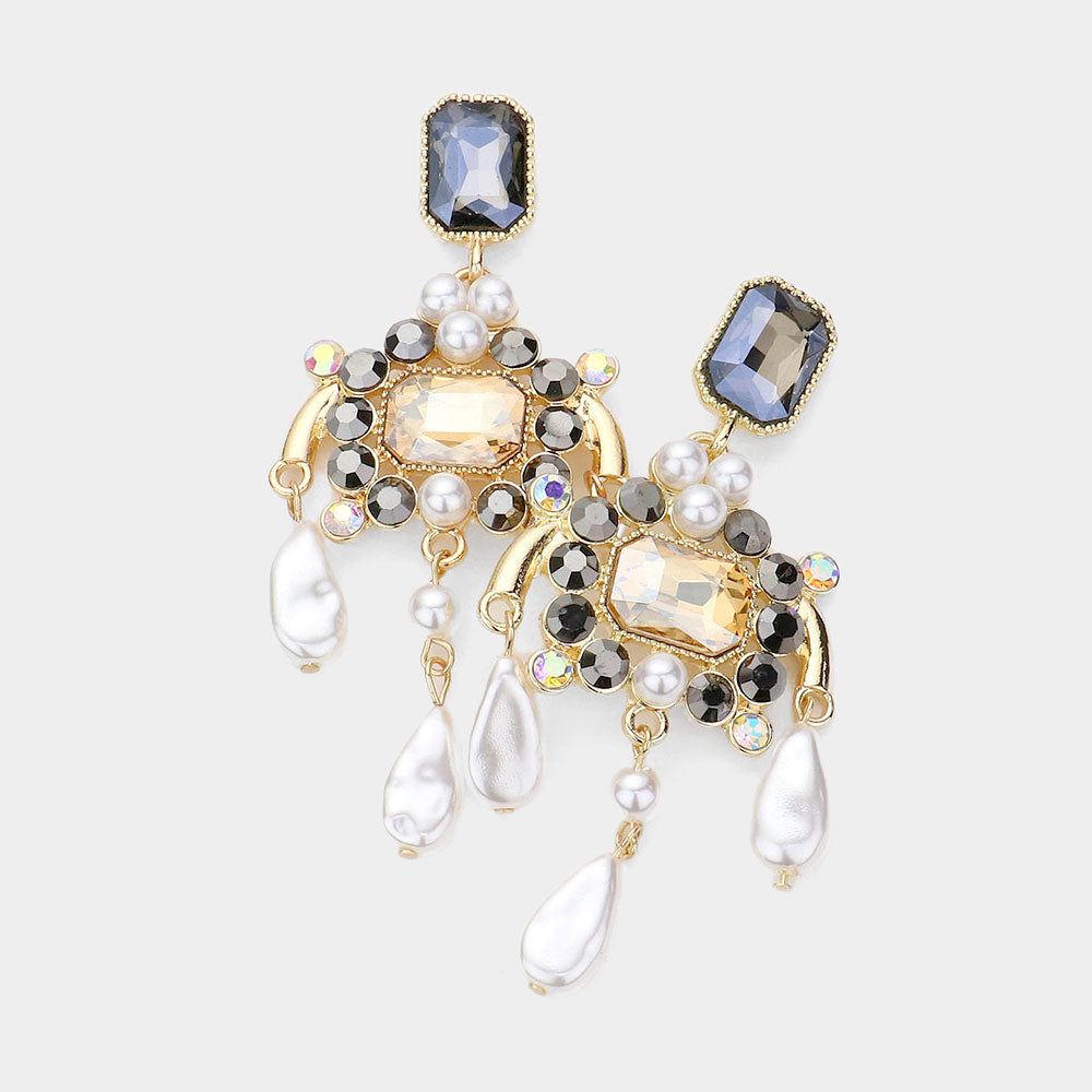 Emerald Cut Pearl Chandelier Earrings