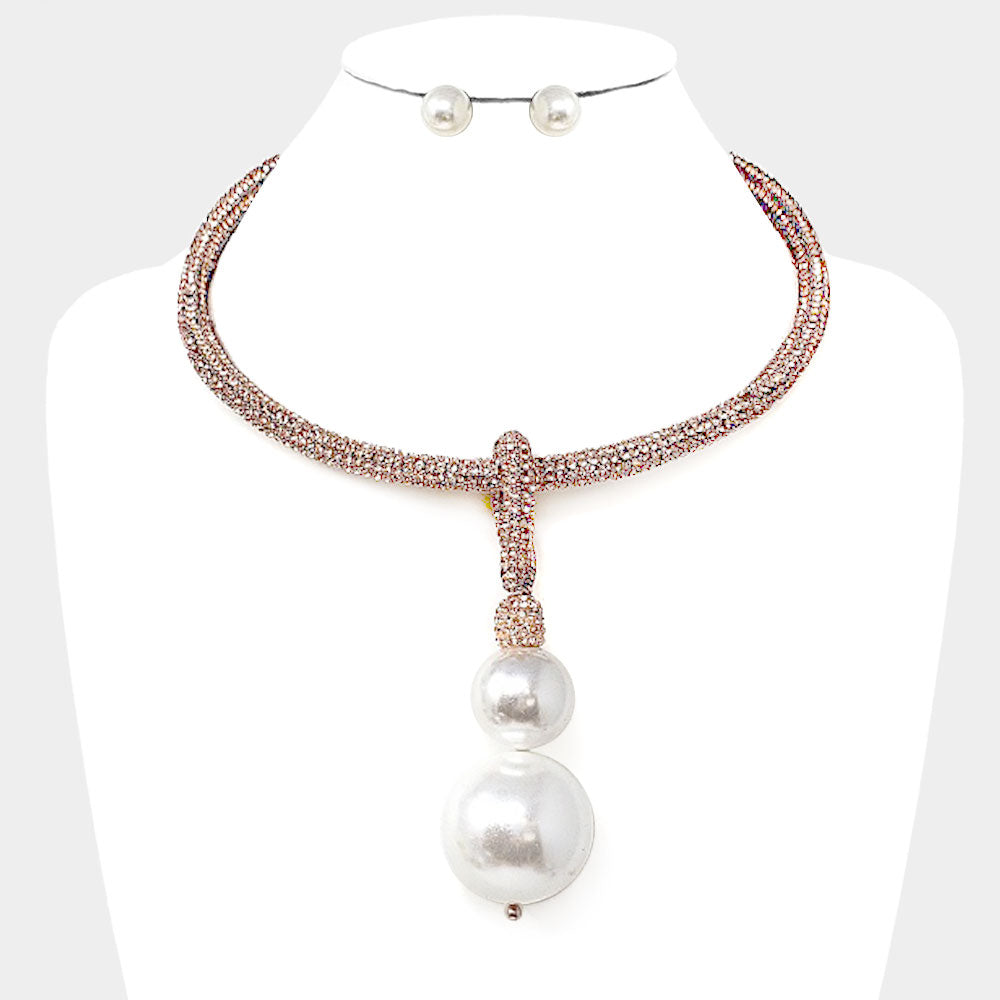 Double Pearl Rhinestone Necklace Set