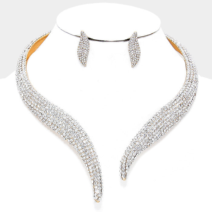 Rhinestone Paved Open Choker Necklace & Earring Set