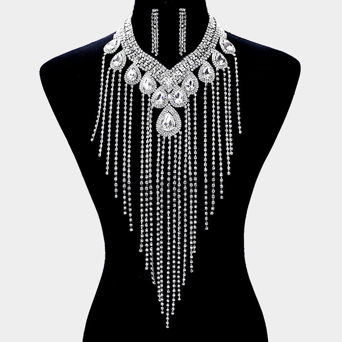 Rhinestone Teardrop Fringe Necklace Set
