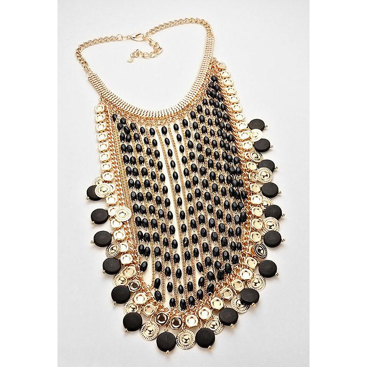 WOODEN METALLIC DISK STATEMENT NECKLACE