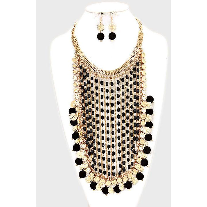 WOODEN METALLIC DISK STATEMENT NECKLACE