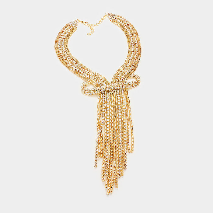 Rhinestone Fringe Bib Necklace and Earring Set