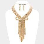 Rhinestone Fringe Bib Necklace and Earring Set