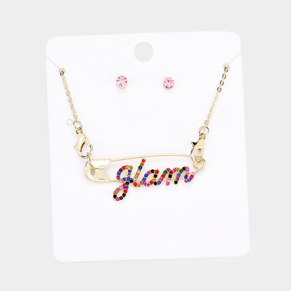 Glam Rhinestone Safety Pin Necklace Set