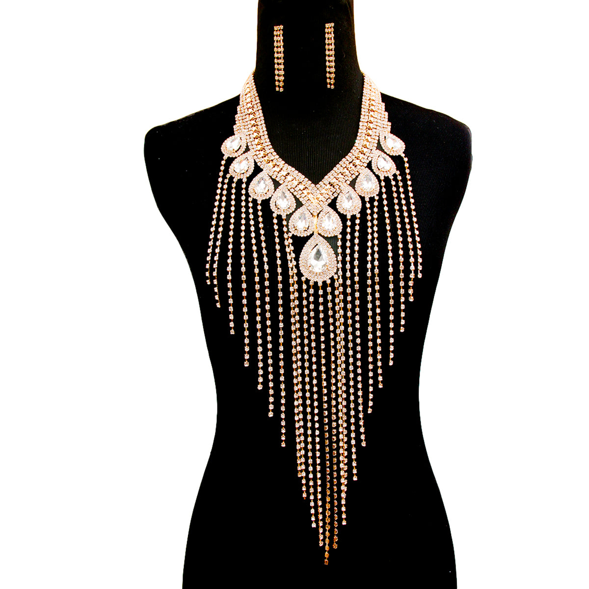 Rhinestone Teardrop Fringe Necklace Set